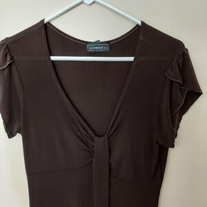 Elementz Brown Dress Medium V-Neck‎ Tie Front Flutter Sleeve Polyester Blend